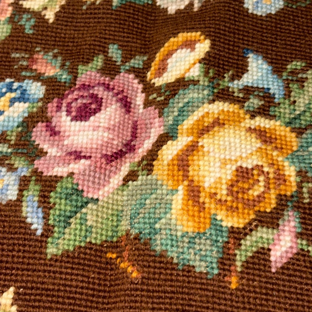 22” x 39” vintage handmade needlepoint tapestry floral bench panel upholstery - Picture 9 of 12